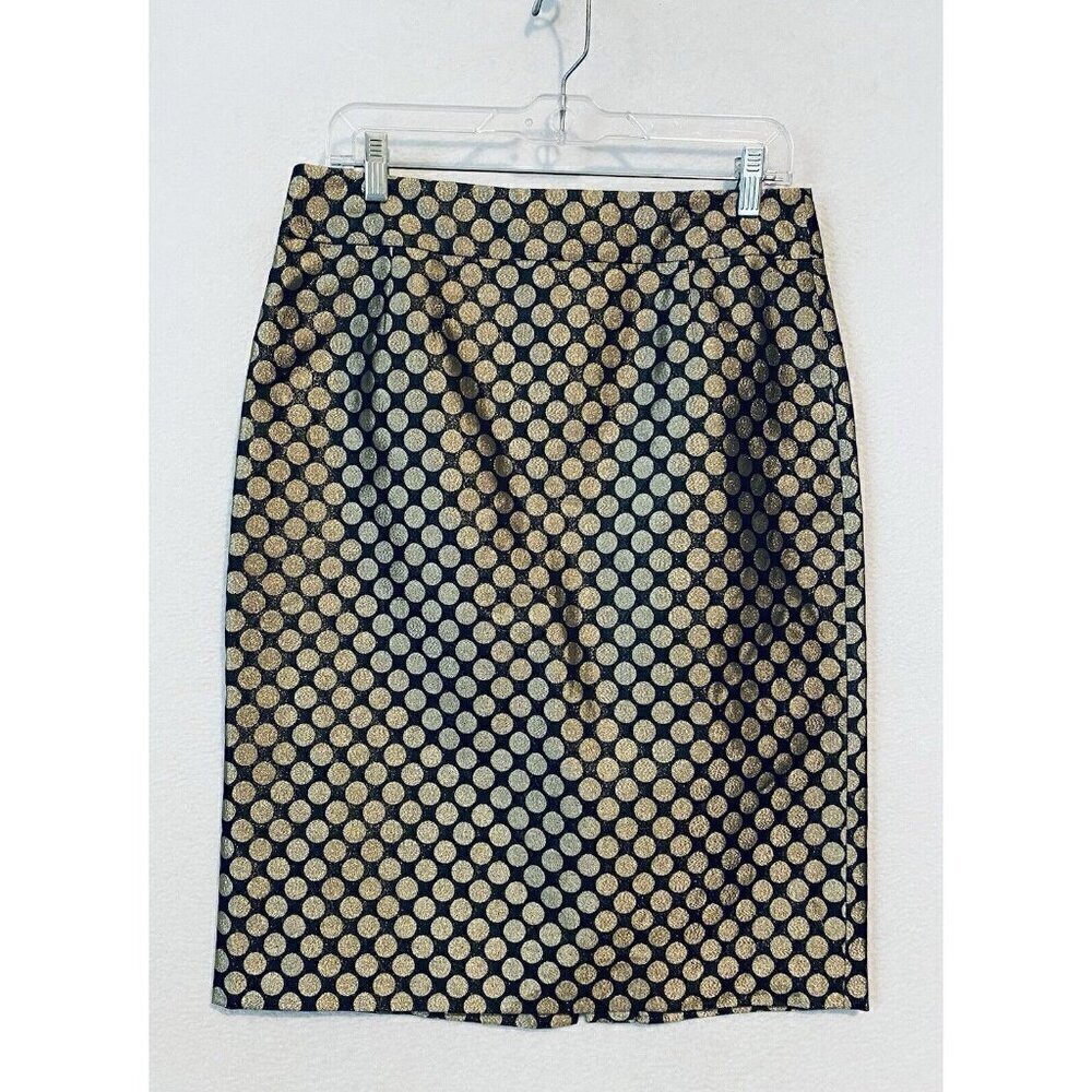 J Crew Skirt Womens 10 Black Gold Metallic Polka Dot Pencil Knee Length Silk
